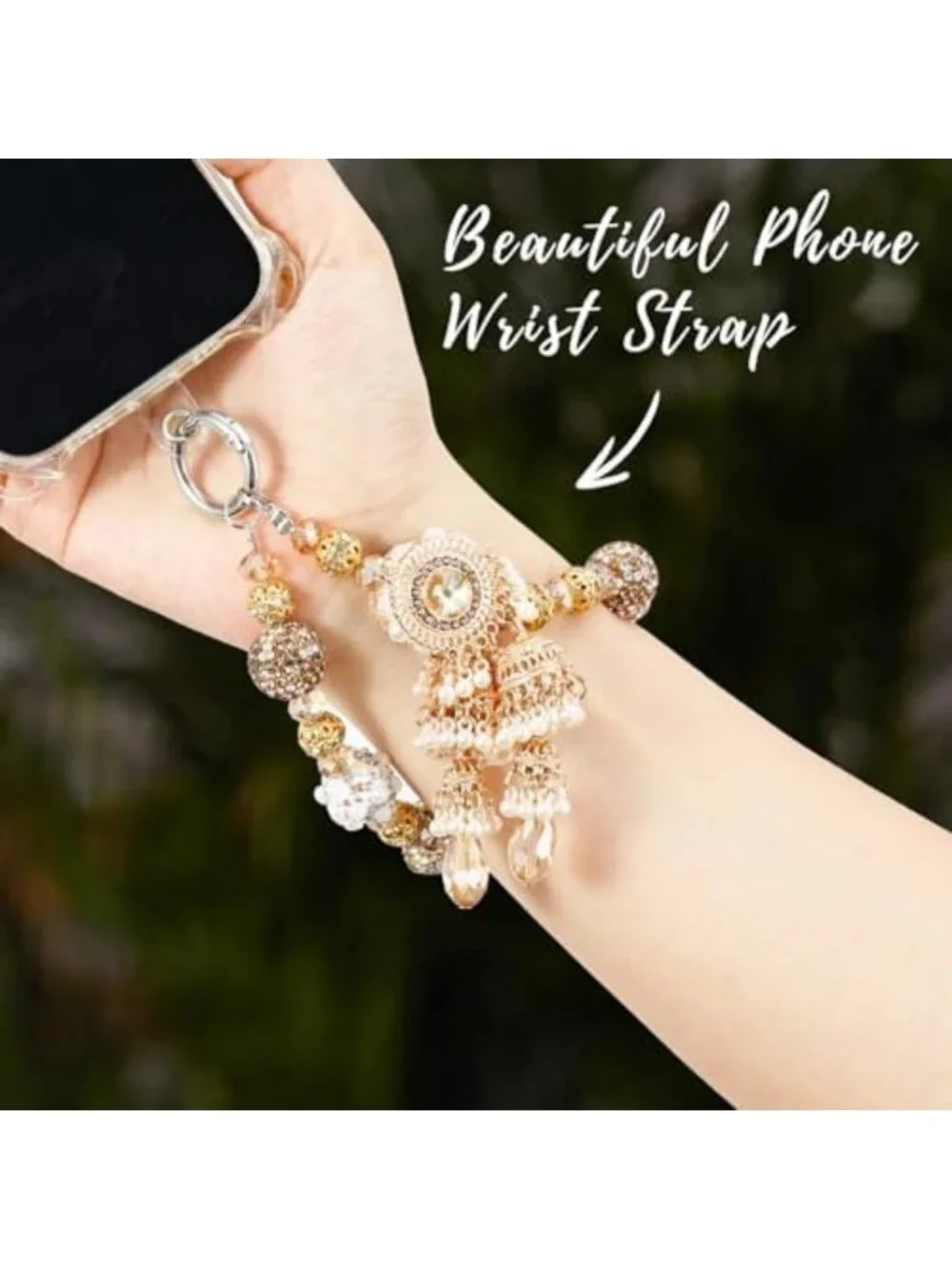 Elegant Jeweled Phone Charm Strap - Black & Gold Wrist Accessory for Phones